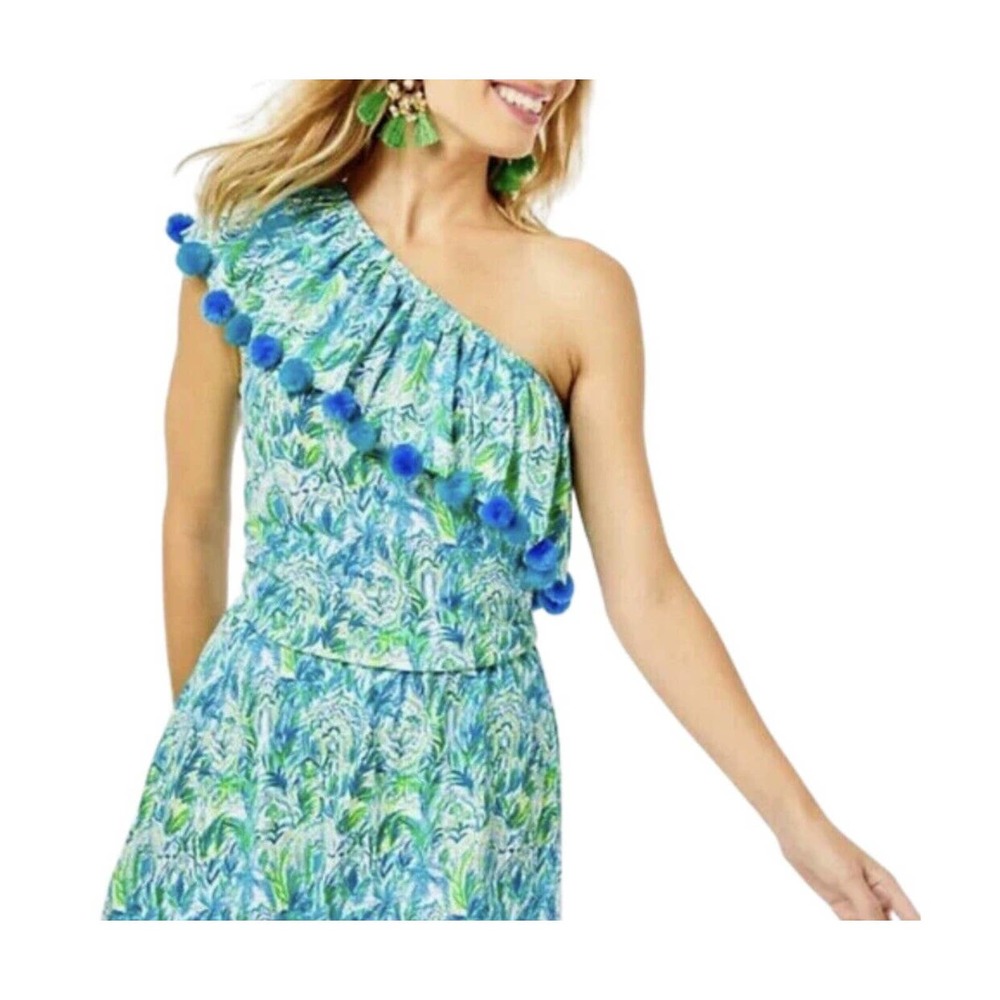 Lilly Pulitzer Idara Pom Pom One Shoulder Romper Dress Size Medium. Stretchy